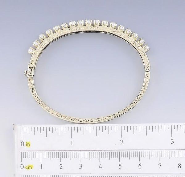 Beautiful Vintage 14k Gold & Pearl Engraved Bangle Bracelet