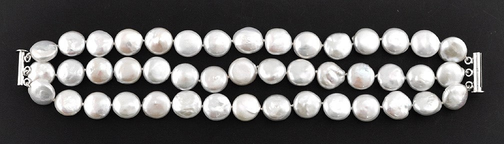 Beautiful 3 Strand Bracelet Sterling Silver Genuine Coin Pearls Freshwater