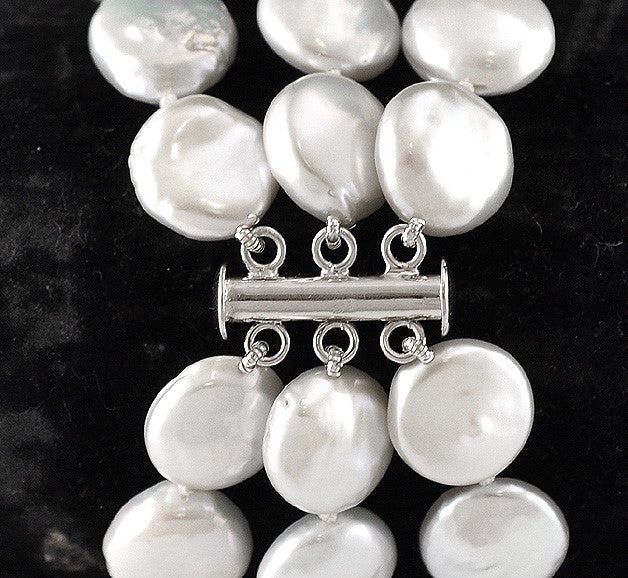Beautiful 3 Strand Bracelet Sterling Silver Genuine Coin Pearls Freshwater