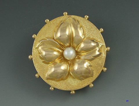 Hand Chased Victorian 14k Gold Pearl Flower Pin Brooch