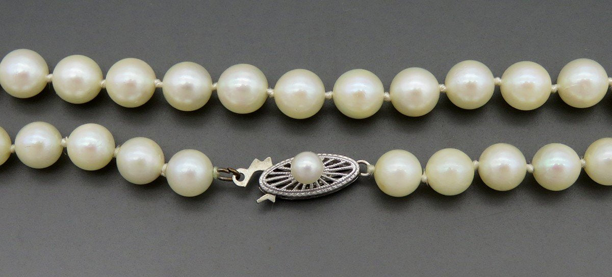 Antique Individually Knotted Strand of 6 mm Pearls w/ 14K White Gold Clasp