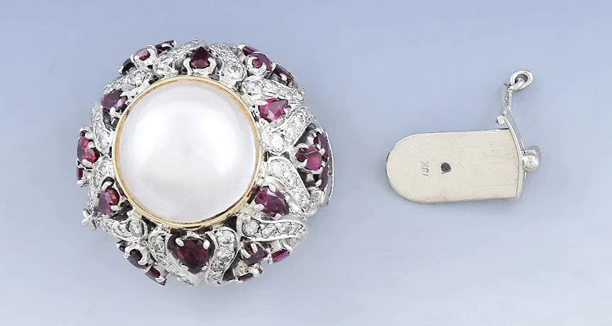 Stunning 18k White Gold Ruby Pearl Diamond Clasp For Necklace Pearl Strand