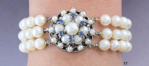 Beautiful 14k White Gold, Pearl and Sapphire 3 Strand Bracelet