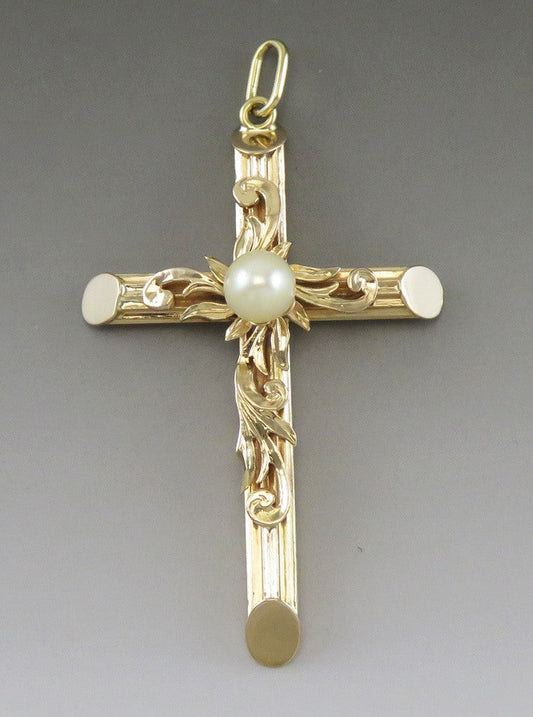 Vintage 14K Yellow Gold & Pearl Religious Catholic Cross Necklace Pendant