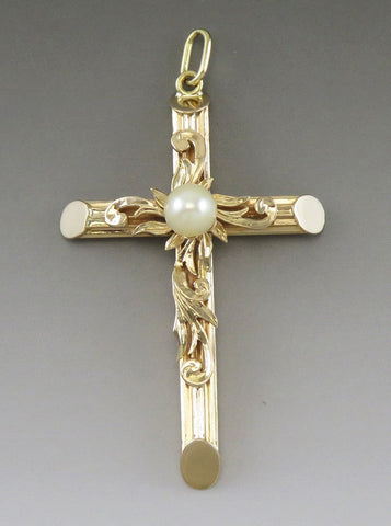 Vintage 14K Yellow Gold & Pearl Religious Catholic Cross Necklace Pendant