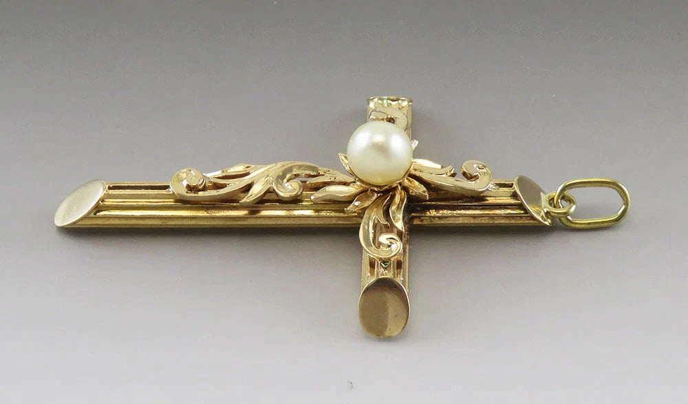 Vintage 14K Yellow Gold & Pearl Religious Catholic Cross Necklace Pendant