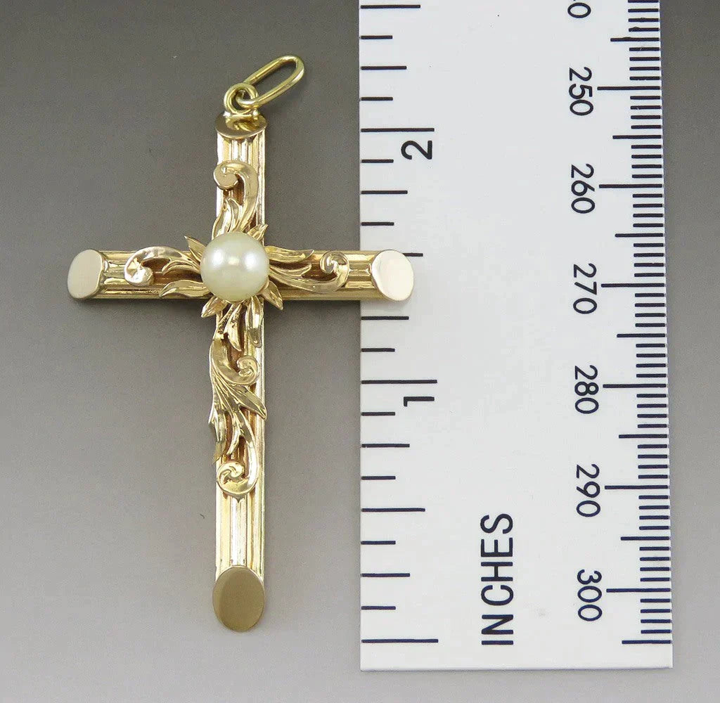 Vintage 14K Yellow Gold & Pearl Religious Catholic Cross Necklace Pendant