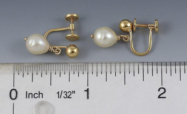 Modern 14k Yellow Gold and Baroque Pearl Dangle Drop Earrings Screw Back