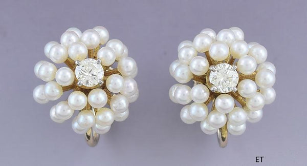 Classy Pair VTG 14k Gold Seed Pearl & ~.50ct Diamond Cluster Screwback Earrings