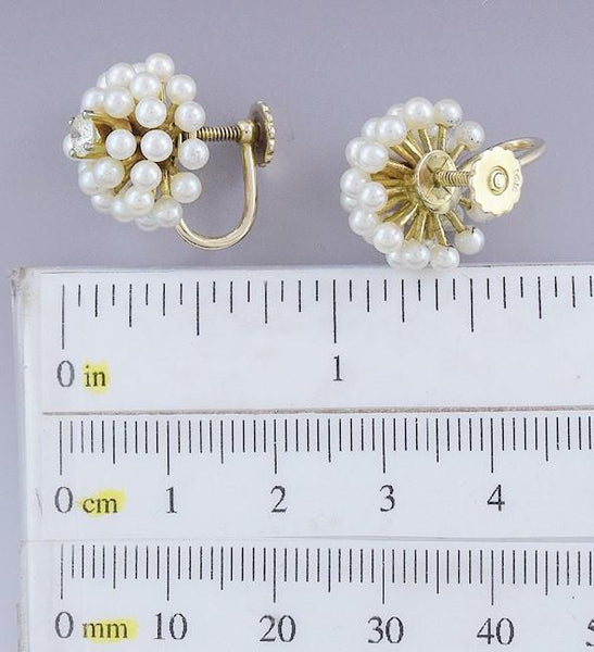 Classy Pair VTG 14k Gold Seed Pearl & ~.50ct Diamond Cluster Screwback Earrings