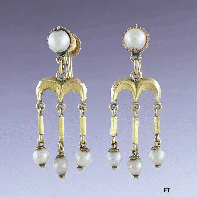 Interesting Pair 14K Yellow Gold & Pearl Drop Dangle Earrings