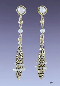 c1920s-1930s Lovely Pair 14k Gold & Pearl Honeycomb Drop Dangle Earrings