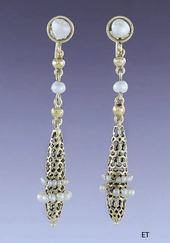 c1920s-1930s Lovely Pair 14k Gold & Pearl Honeycomb Drop Dangle Earrings