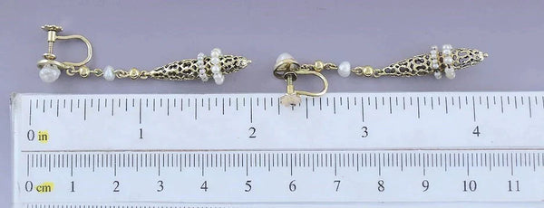 c1920s-1930s Lovely Pair 14k Gold & Pearl Honeycomb Drop Dangle Earrings