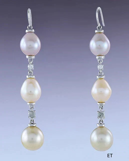 Beautiful Pair 18k White Gold Diamond Sapphire & Pearl Dangle Earrings