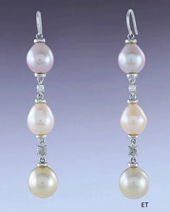 Beautiful Pair 18k White Gold Diamond Sapphire & Pearl Dangle Earrings