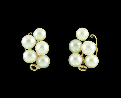Beautiful Pair Japanese 14K Yellow Gold Pearl Cluster Screw-Back Earrings