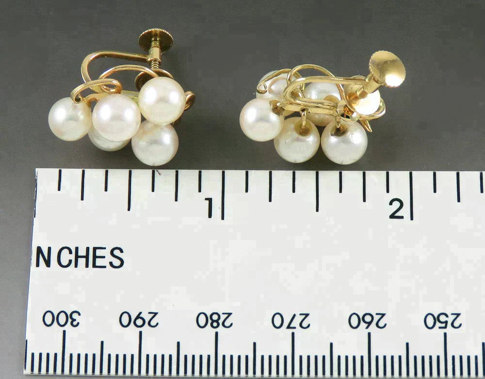 Beautiful Pair Japanese 14K Yellow Gold Pearl Cluster Screw-Back Earrings