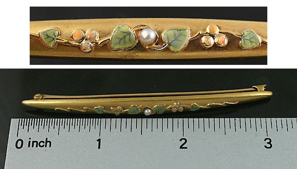 Super Art Nouveau 14k Gold Enameled Pearl Bar Pin c1900 Brooch