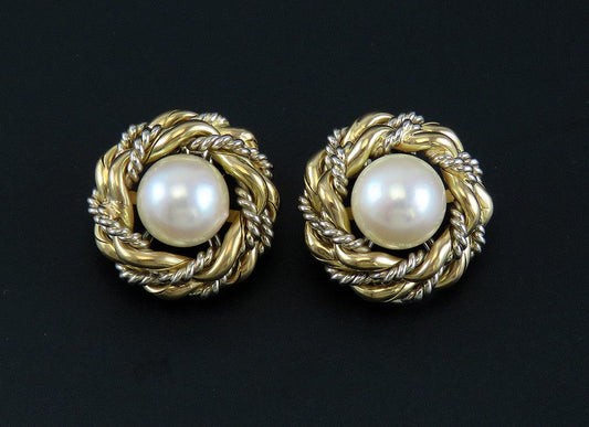 Beautiful Italian 18K Two Tone Gold Pearl Rope & Pearl Clip Earrings