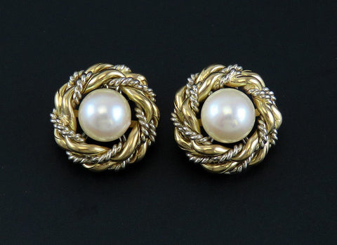 Beautiful Italian 18K Two Tone Gold Natural Pearl Rope & Pearl Clip Earrings