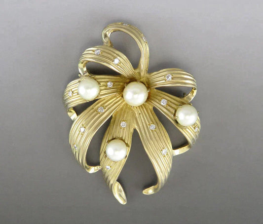 Vintage Retro 14K Yellow Gold Pearl Diamond Matte Finish Brooch Statement Pin