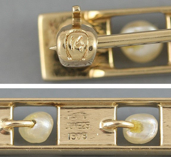 c1910 Harvey J. Flint 14k Gold Enamel Pearl Greek Key Bar Pin Brooch