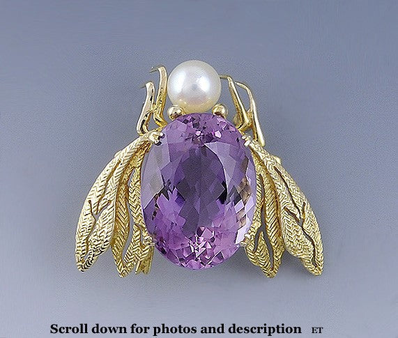 Charming Amethyst Pearl 14k Gold Bee Beetle Pin/Brooch