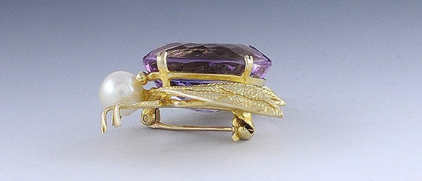 Charming Amethyst Pearl 14k Gold Bee Beetle Pin/Brooch