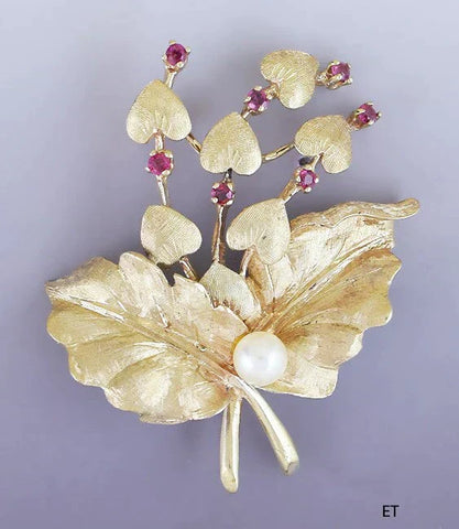 Attractive 14k Yellow Gold Ruby and Pearl Bleeding Heart Flower Pin Brooch