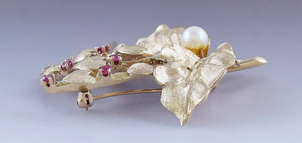 Attractive 14k Yellow Gold Ruby and Pearl Bleeding Heart Flower Pin Brooch