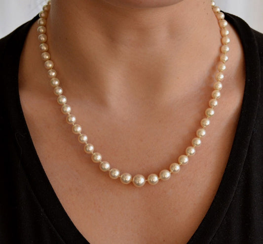 Vintage ~7mm Pearl Individually Knotted Beaded Strand 14K Gold Necklace