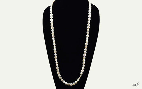 Long 38 Inch Real Flat Pearl Necklace w/ Sterling Silver Toggle Clasp