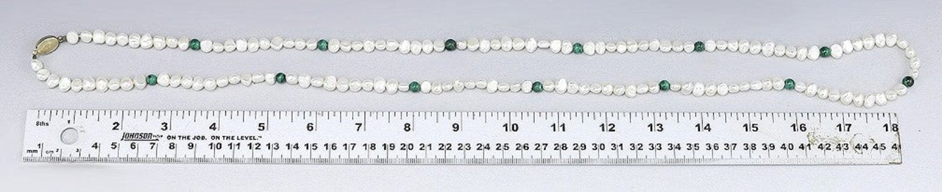 Lovely Chinese Natural Pearl and Green Malachite Bead Necklace w/ Silver Clasp