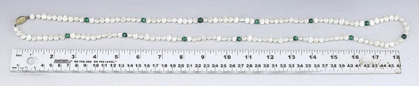 Lovely Chinese Natural Pearl and Green Malachite Bead Necklace w/ Silver Clasp