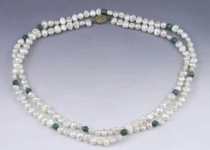 Lovely Chinese Natural Pearl and Green Malachite Bead Necklace w/ Silver Clasp