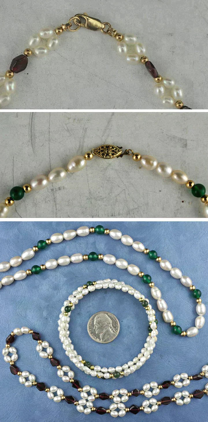 2 Genuine Pearl Green Red Stone Necklaces 1 Bracelet