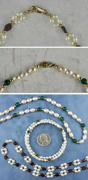 2 Genuine Pearl Green Red Stone Necklaces 1 Bracelet