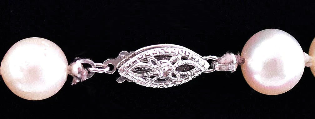 Long Beautiful Necklace of White Cultured Pearls w/ 10k White Gold Clasp 26.75"