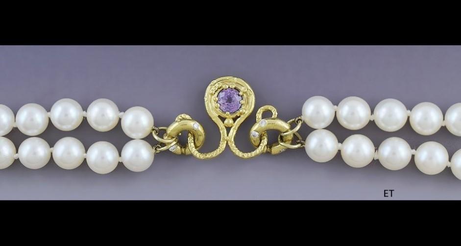 Fabulous 21-22kt Gold Diamond Purple Sapphire Double Strand 7mm Pearl Necklace