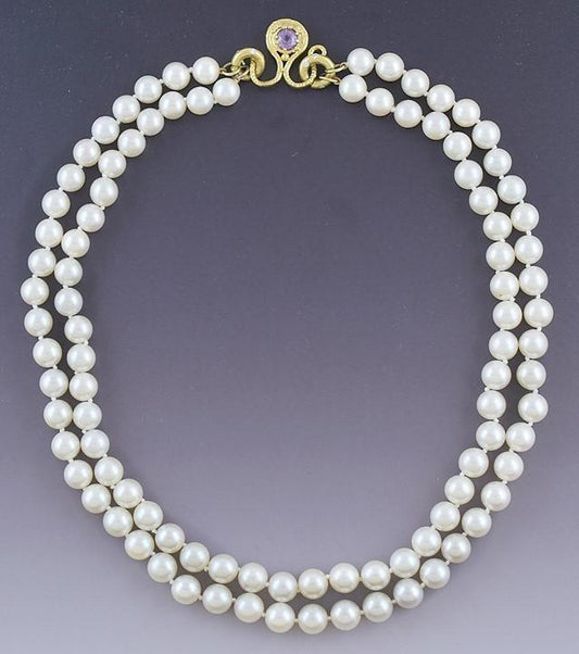 Fabulous 21-22kt Gold Diamond Purple Sapphire Double Strand 7mm Pearl Necklace