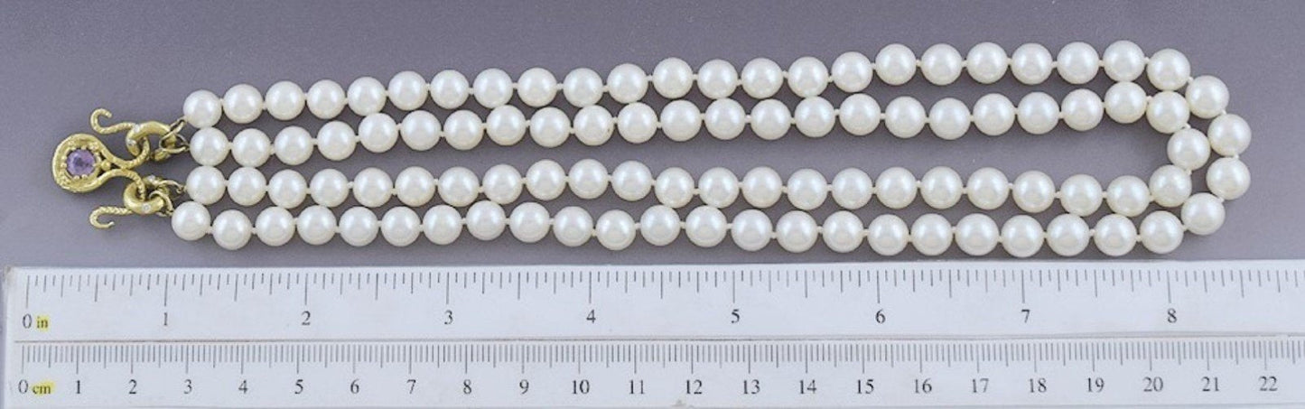 Fabulous 21-22kt Gold Diamond Purple Sapphire Double Strand 7mm Pearl Necklace