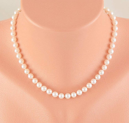 Elegant Single Strand ~7mm Pearl Necklace w/ 14k White Gold Filigree Clasp