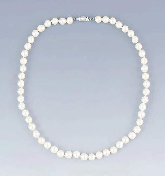Elegant Single Strand ~7mm Pearl Necklace w/ 14k White Gold Filigree Clasp