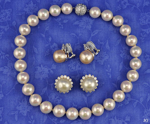 Faux Pearl Necklace and 2 Pairs Earrings Sterling Silver