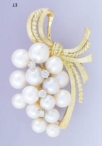 Beautiful 18k Yellow Gold Pearl Diamond Grape Cluster Brooch Pin Pendant