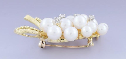 Beautiful 18k Yellow Gold Pearl Diamond Grape Cluster Brooch Pin Pendant