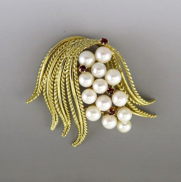 Vintage 18K Yellow Gold Pearl Ruby Gemstone Statement Pin or Brooch 1 5/8" 16g