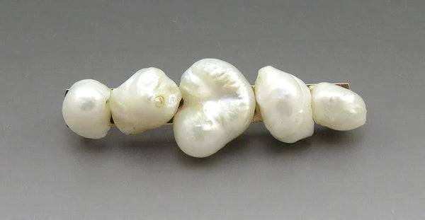 Antique c1920 14K Yellow Gold & Natural Baroque Pearl Bar Pin/Brooch