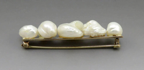 Antique c1920 14K Yellow Gold & Natural Baroque Pearl Bar Pin/Brooch